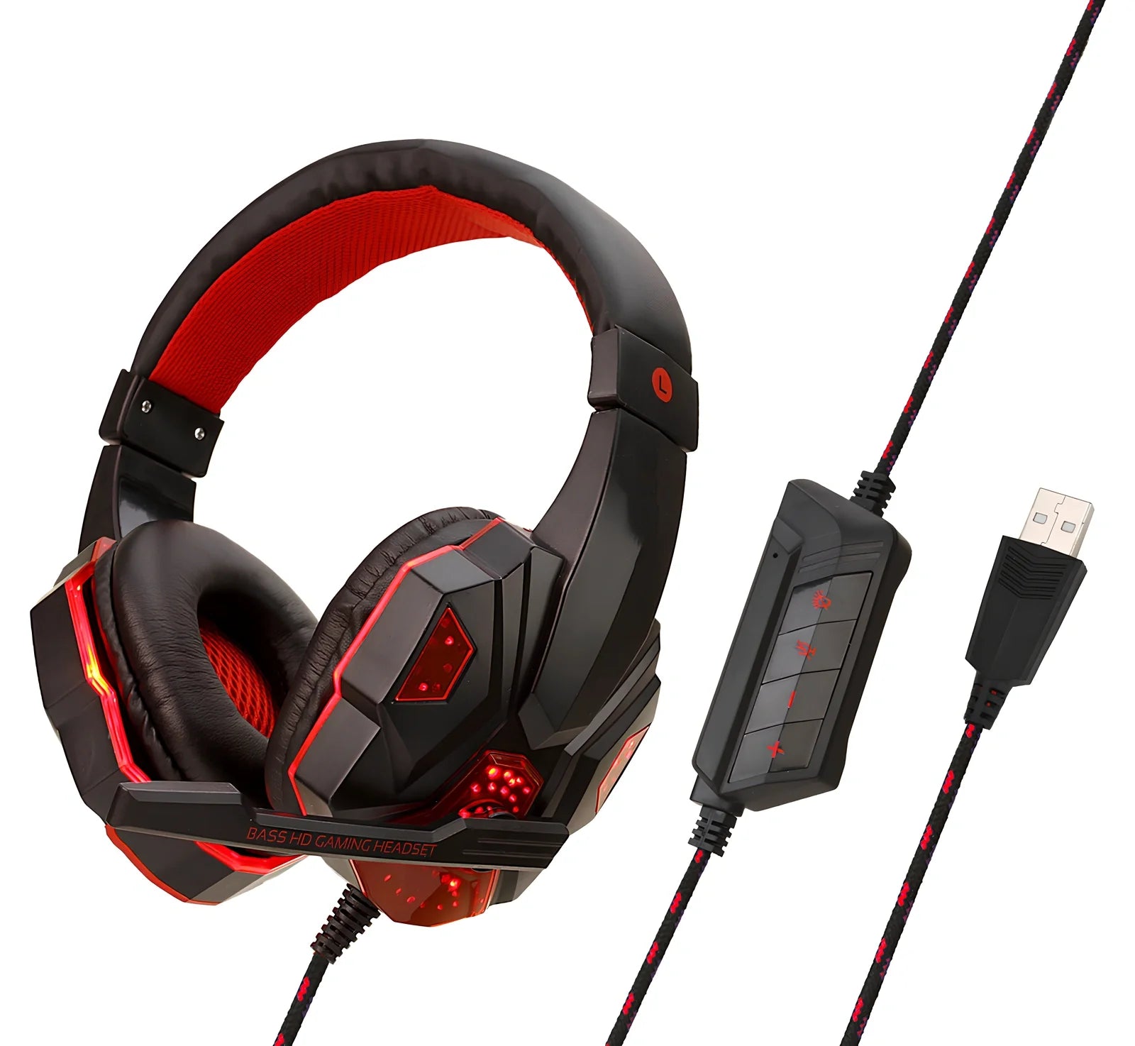 Black gaming headphones with adjustable microphone and braided cable showing 3.5mm plug