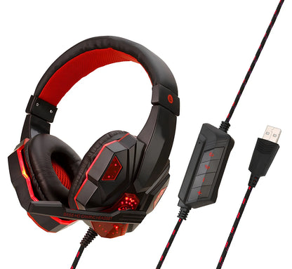 Black gaming headphones with adjustable microphone and braided cable showing 3.5mm plug