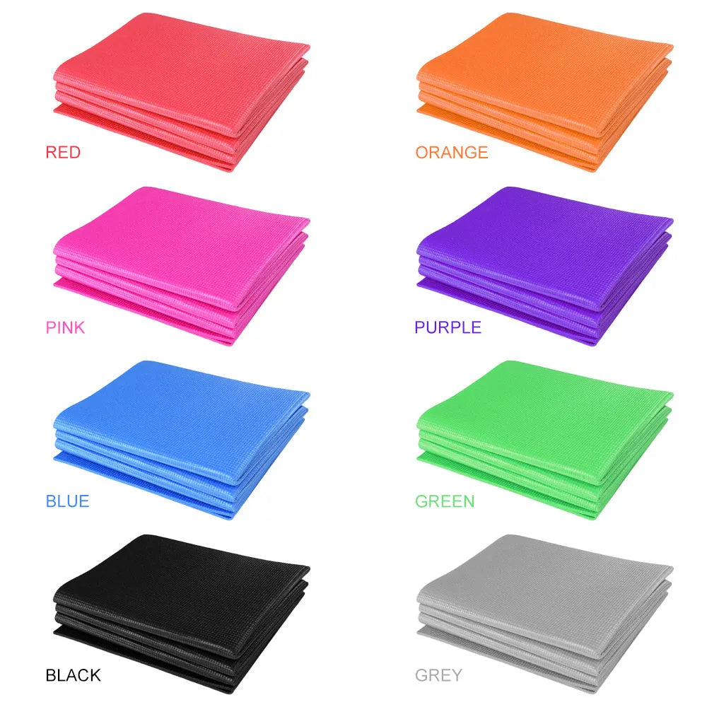 Folding non slip PVC yoga mat with high-density foam cushioning, side handles, and zipper cushion jacket, available in multiple colours