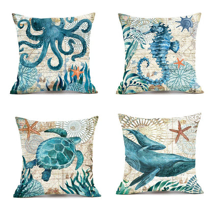 Decorative throw pillow covers featuring various marine-inspired designs like sea turtles, whales, octopus, and more on a linen background