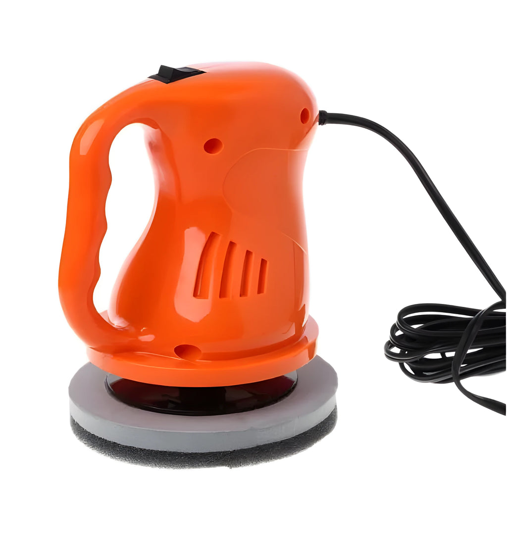 Black 12V car waxing glaze polishing machine with orange switch handle on white background