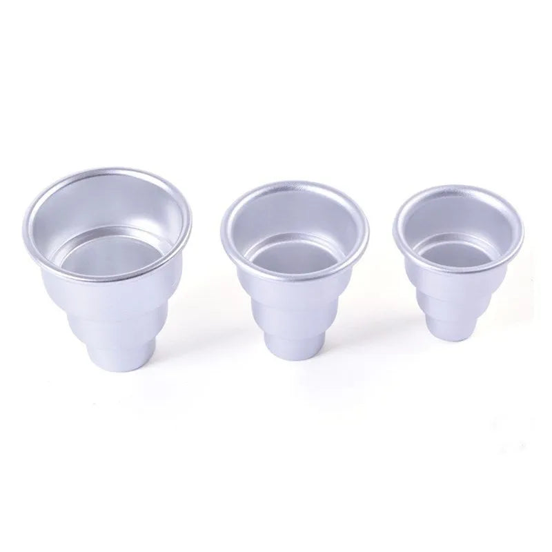 Silver aluminium alloy three-layer cake mould set showing large, medium and small graduated sizes