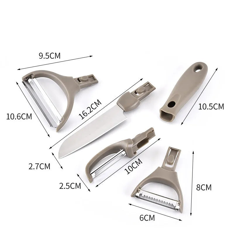 Green multi-function kitchen tool set with stainless steel blades for peeling, cutting and shaving on wheat straw chopping board