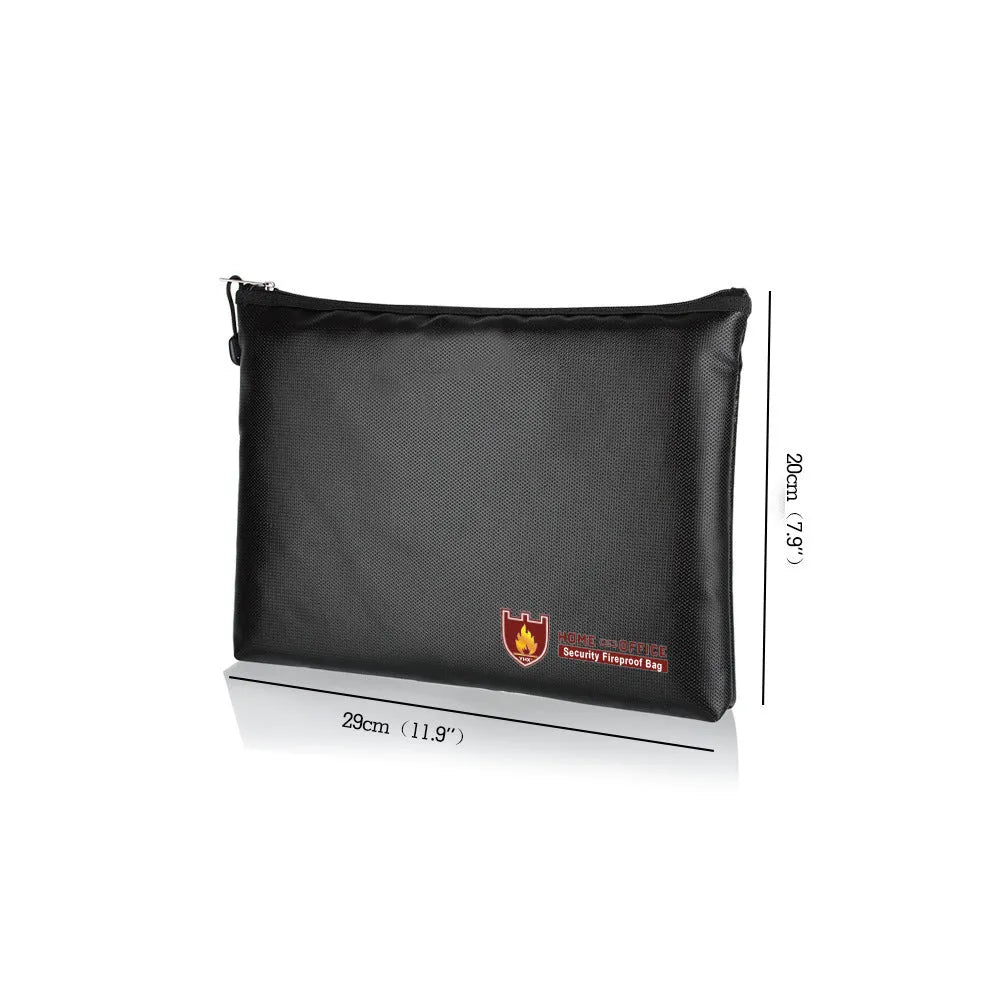 Black fire-proof contract document bag with organisational pockets shown in three size options