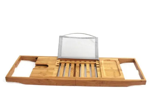 Natural bamboo bathtub frame shelf for desktop bathroom storage organisation.