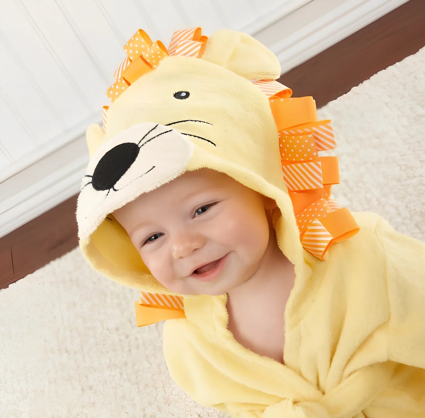 Cotton baby bathrobe with animal hood showing panda design, belt fastening, and absorbent fabric