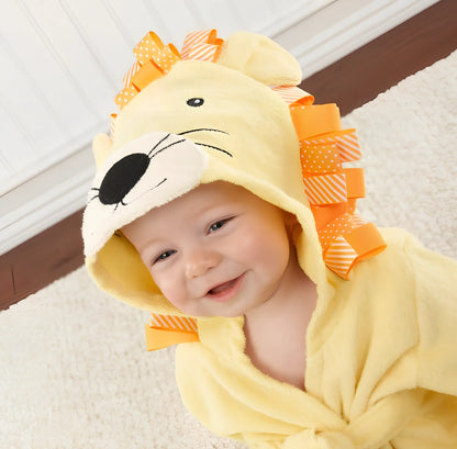 Cotton baby bathrobe with animal hood showing panda design, belt fastening, and absorbent fabric