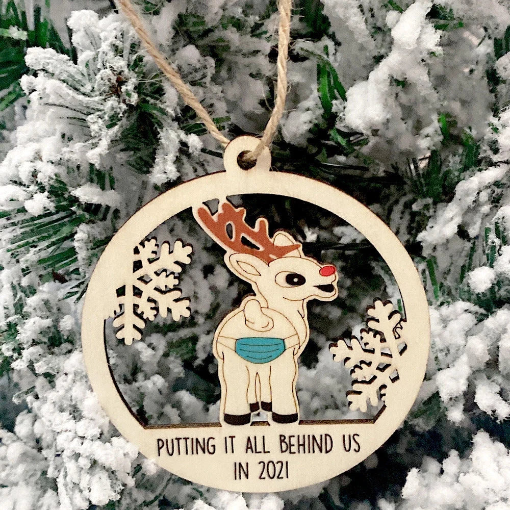 Wooden Christmas tree pendant with snowman and deer laser-cut design