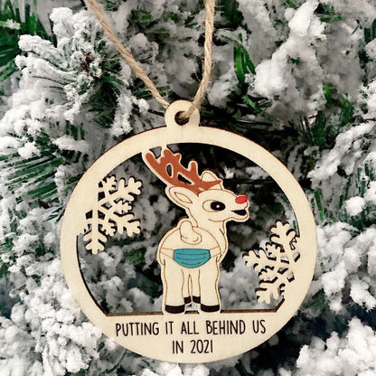 Wooden Christmas tree pendant with snowman and deer laser-cut design