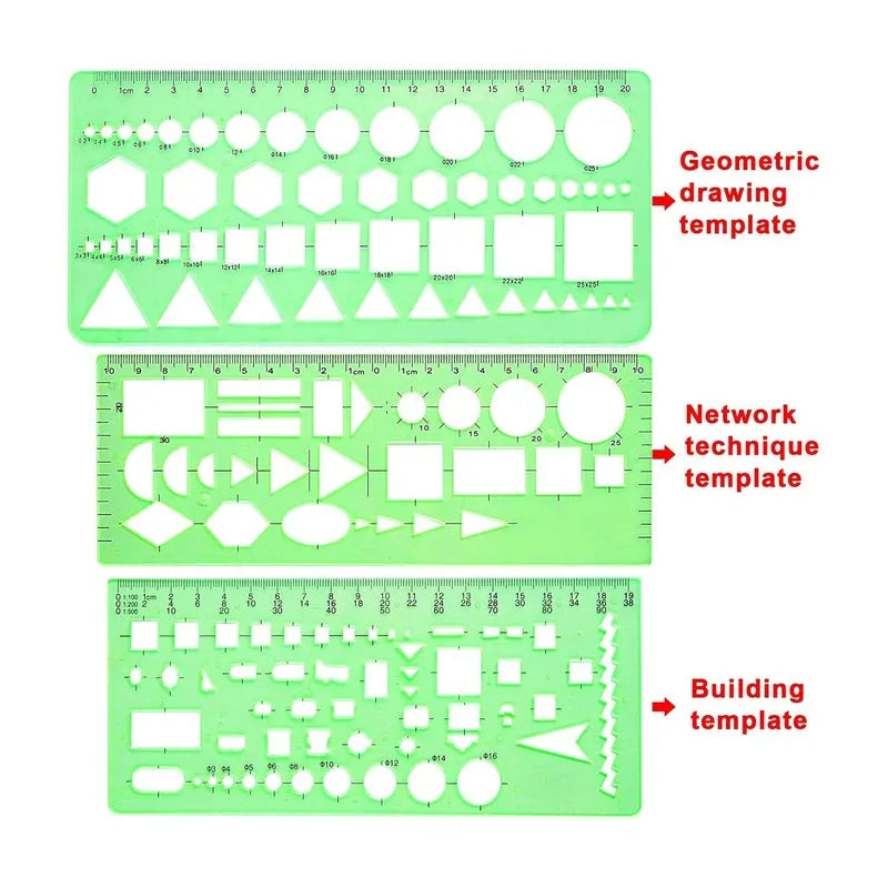 Clear green plastic geometric drawing templates set with 11 pieces and poly zipper envelope