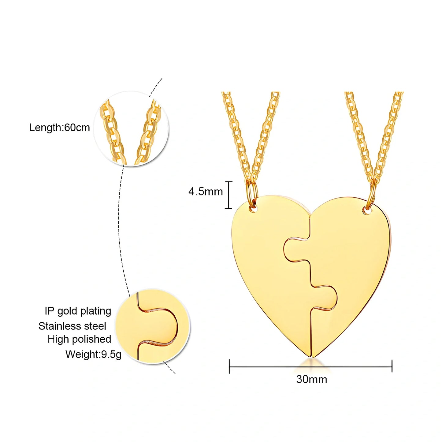 Heart-shaped titanium steel friendship pendant set in silver, gold, black with optional 51-80cm chain, rust-resistant two-piece unisex jewellery