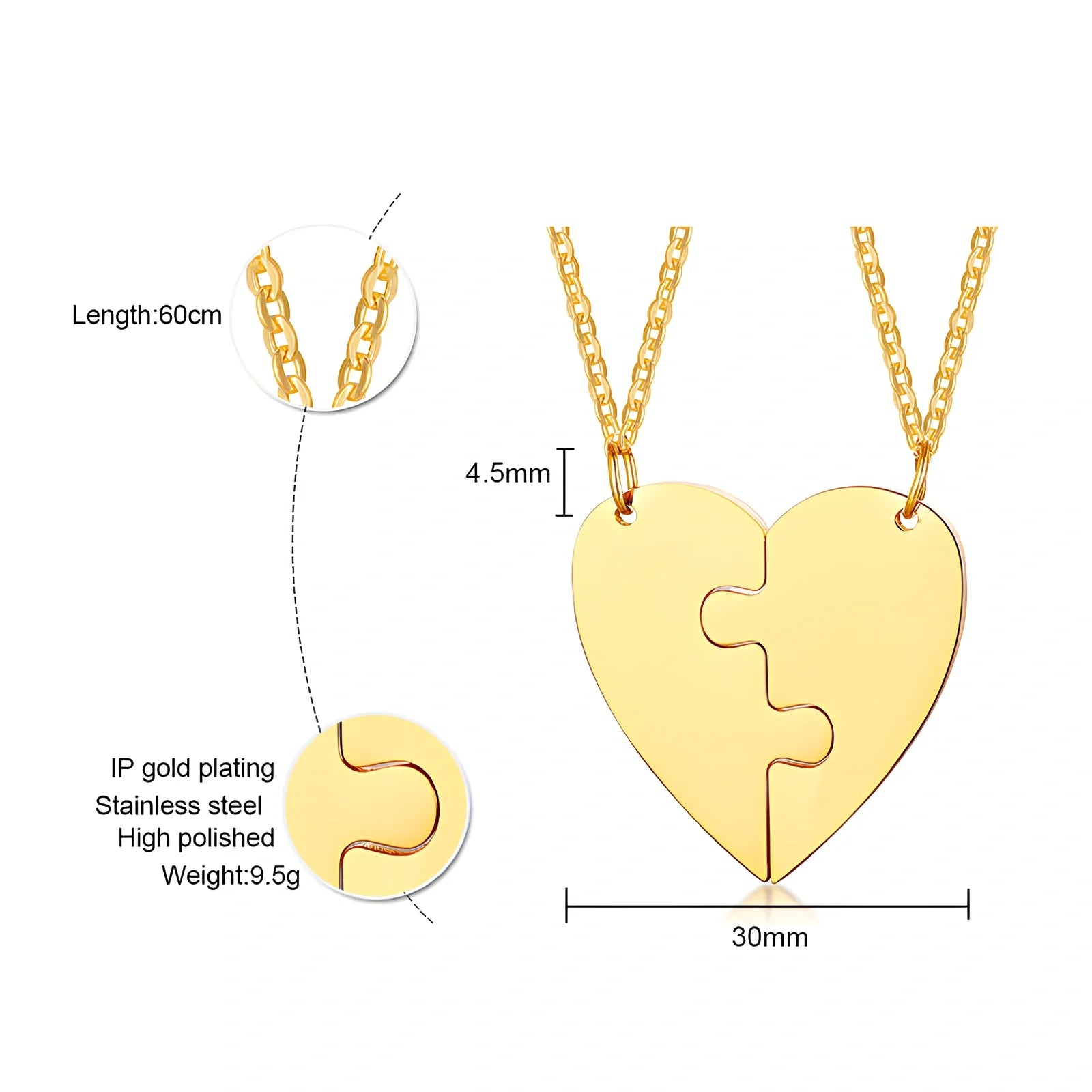 Heart-shaped titanium steel friendship pendant set in silver, gold, black with optional 51-80cm chain, rust-resistant two-piece unisex jewellery