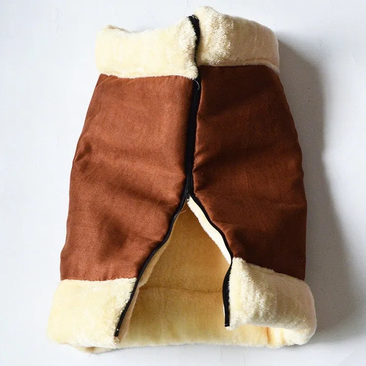 Brown suede and plush cat tunnel with rustling paper sound, approximately 90x57cm, on a floor indoors