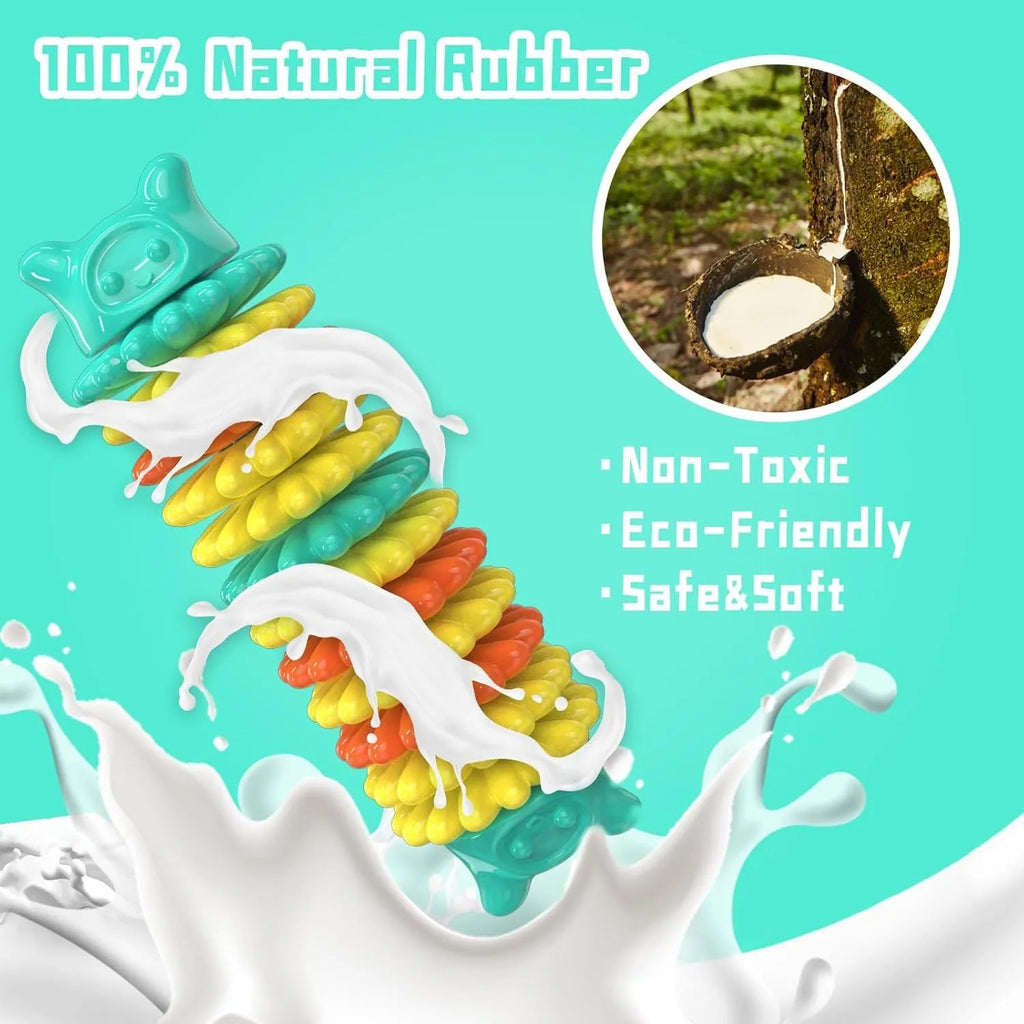 Blue caterpillar-shaped rubber dog chew toy for aggressive chewers.