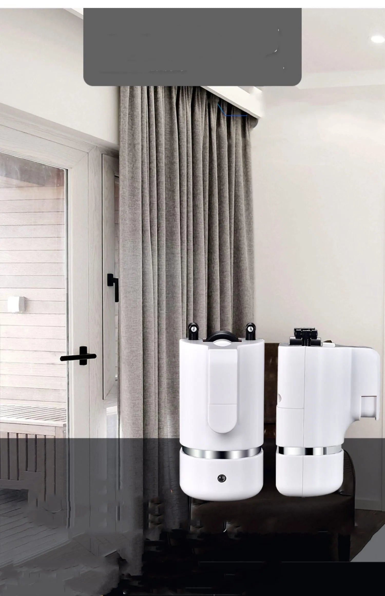 Motorised curtain track kit with aluminium rail, electric motor, remote control, and silent pulleys for straight or corner installation.