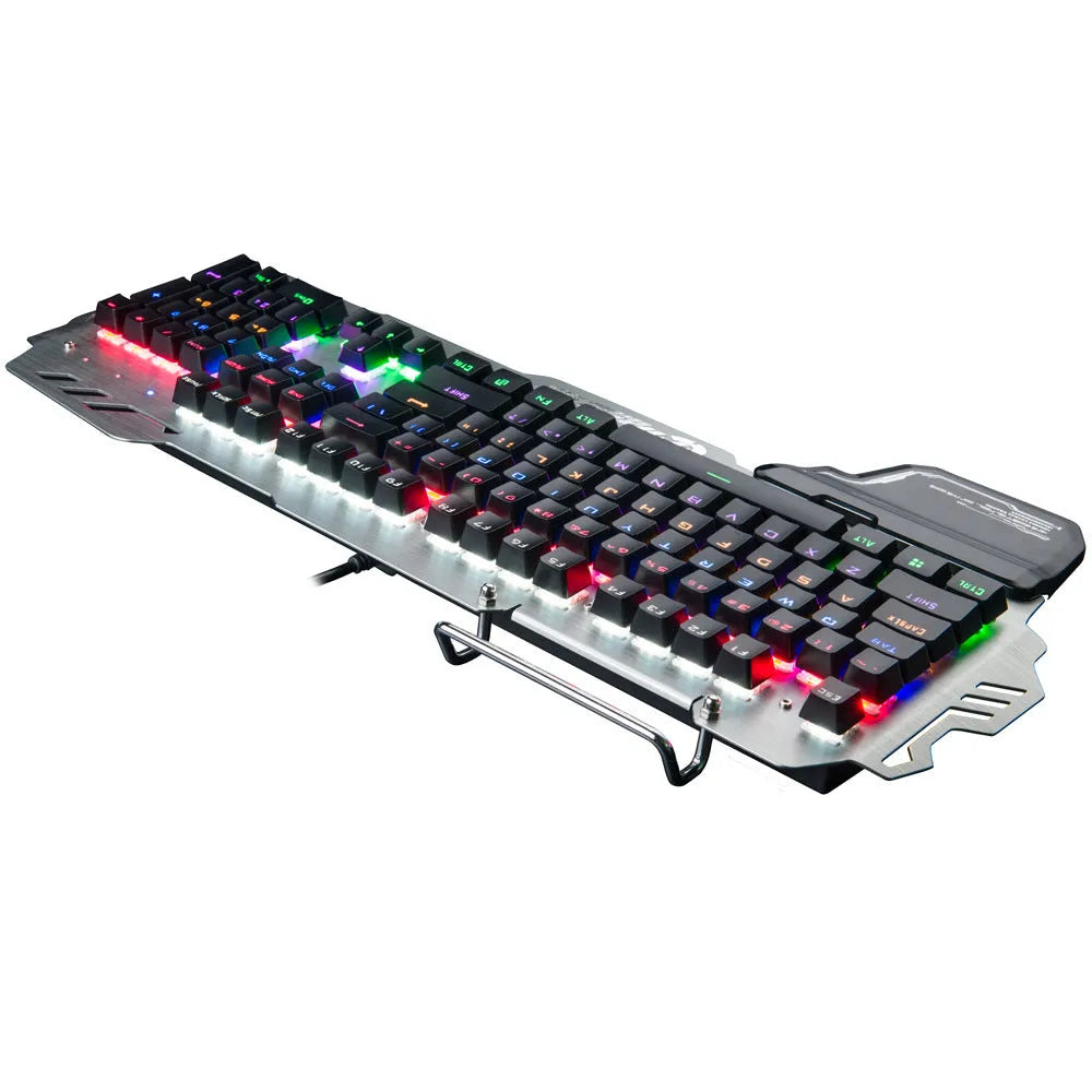 Silver gaming keyboard with green mechanical switches and wrist splint accessory on desktop
