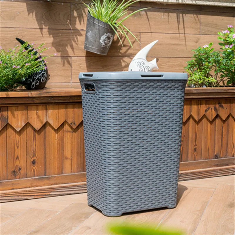 Plastic rattan woven laundry basket in beige color 44x34x62cm polypropylene