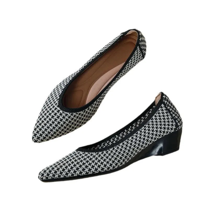 Women's pointed toe wedge pumps with mesh upper and low heel in leopard brown pattern