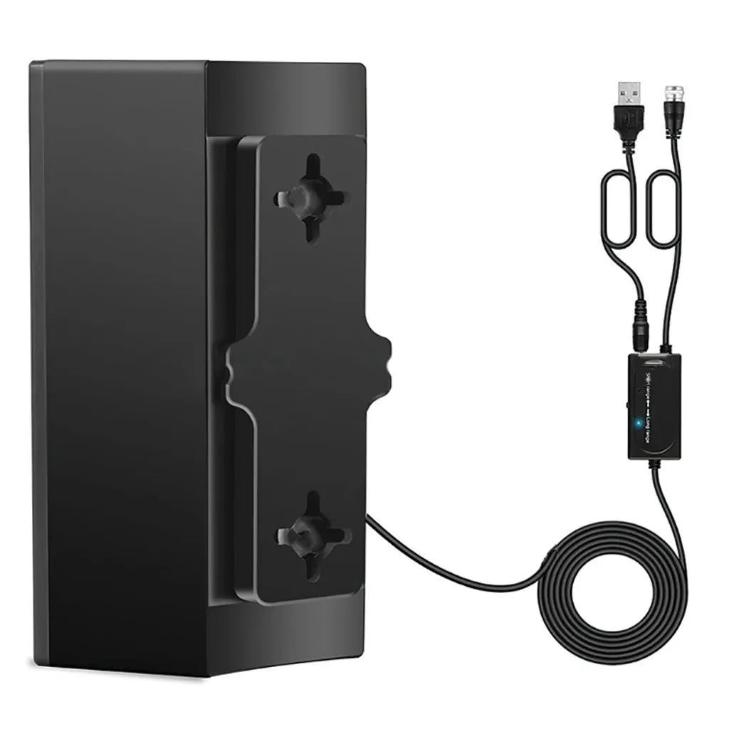 Black plastic digital television antenna with mounting hardware including expansion tubes, screws, cable ties and adhesive tape