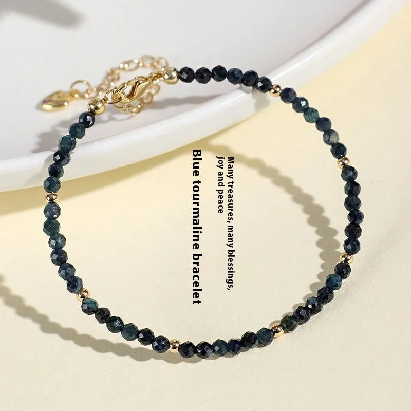 3mm blue tourmaline spacer bead bracelet for women showing gemstone beads and pattern detail