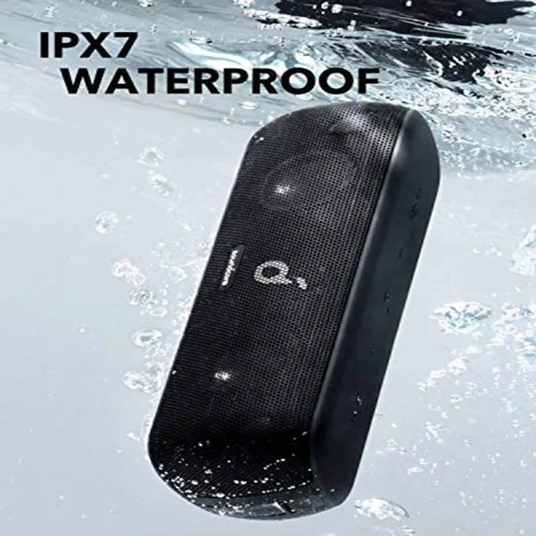 Bluetooth subwoofer speaker in black with front grille and controls