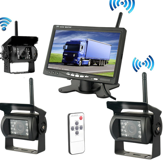 Black 7-inch wireless reversing camera display for forklifts, 175x115x20 mm, four-camera setup with 1024x600 resolution