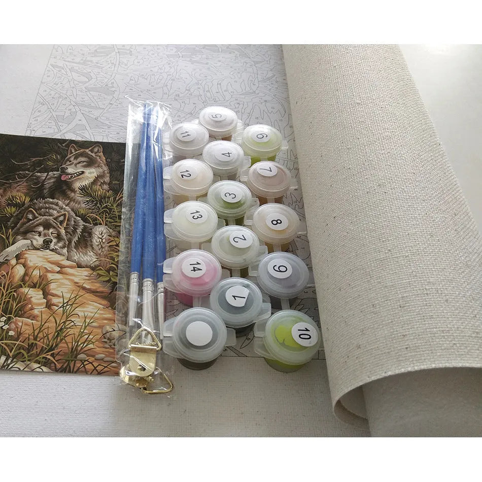 40x50 cm landscape paint by numbers kit showing linen canvas, acrylic paints, and optional wooden stretcher frame