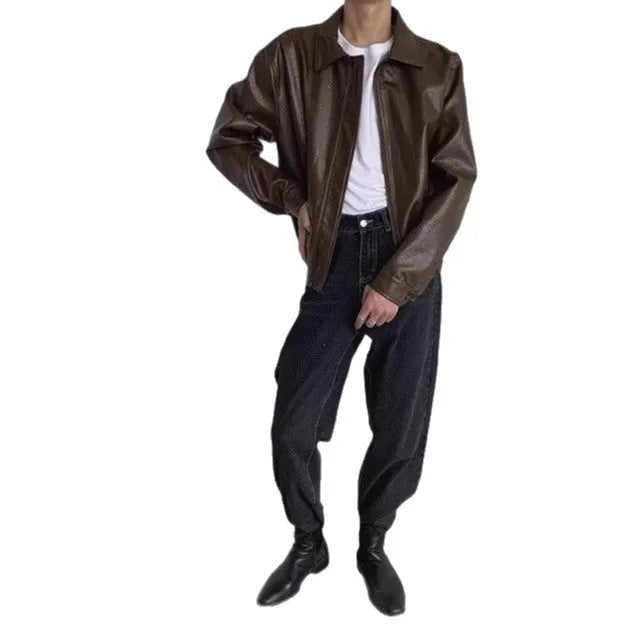 Korean-style brown PU leather jacket with straight hem, shown front view, available in sizes M to XXL