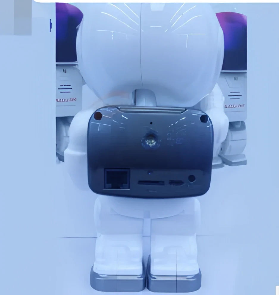 Astronaut-shaped security robot camera with black finish and clear dome showing internal camera lens