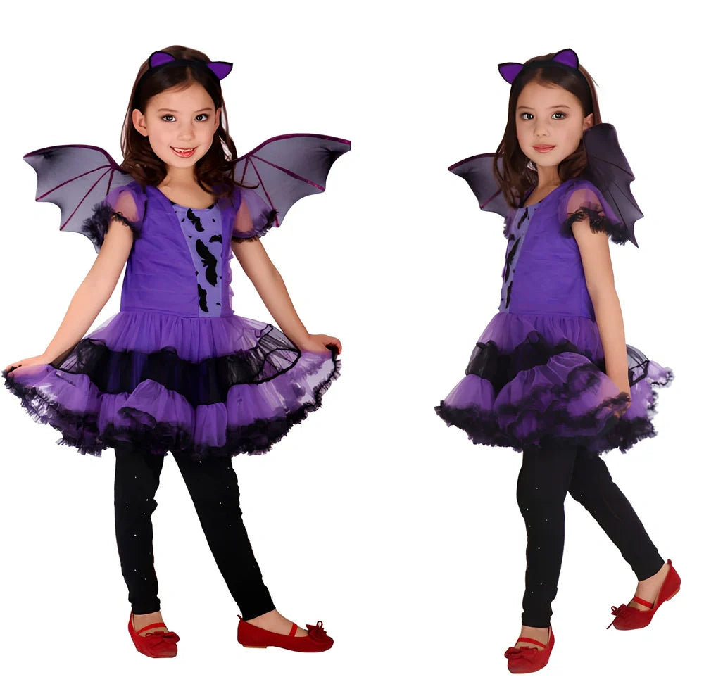 Child witches role play costume in purple linen, 90% composition, sizes 50-160cm with bat accessory option