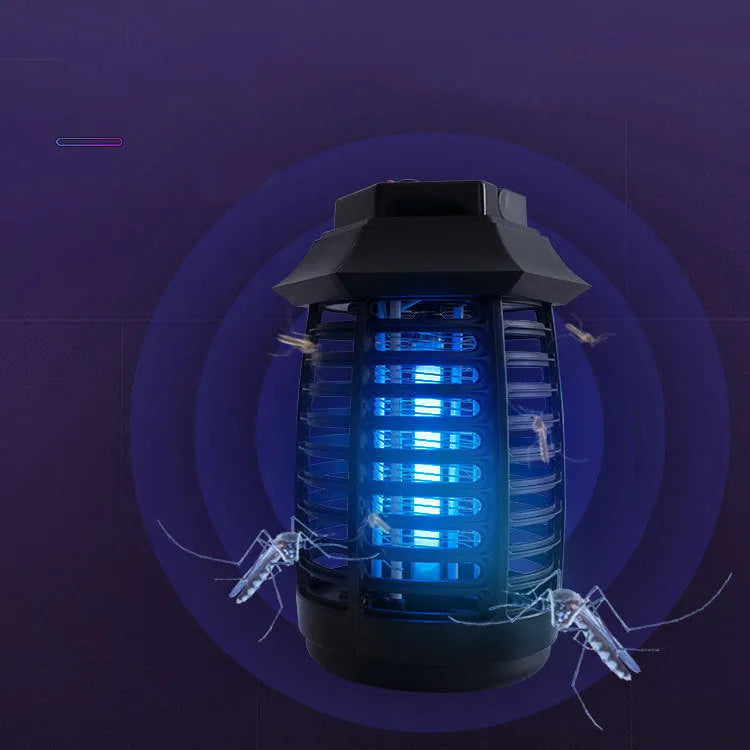 Black aromatherapy mosquito lamp with a choice of plug styles for AU, EU, UK, or US sockets on a surface.