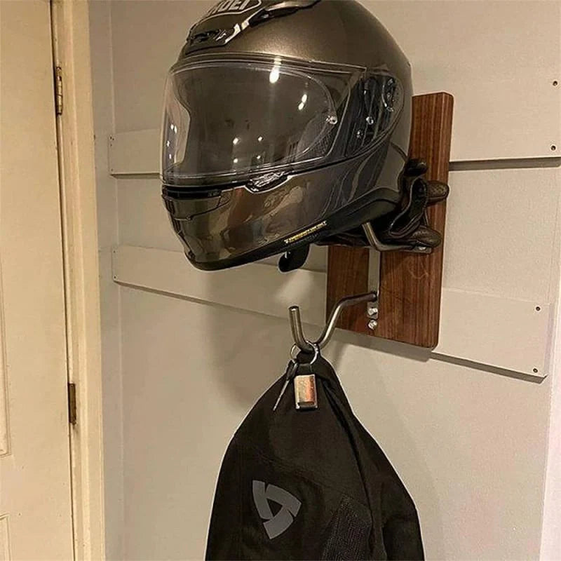 Sturdy black motorcycle helmet rack jacket hook mounted on wall