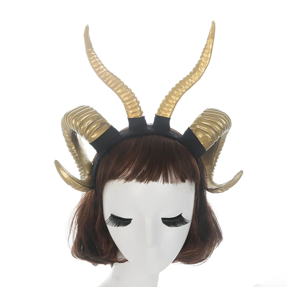 U-shaped simulation sheep horn headdress in black plastic-resin with plaid pattern, 15cm height for festivals