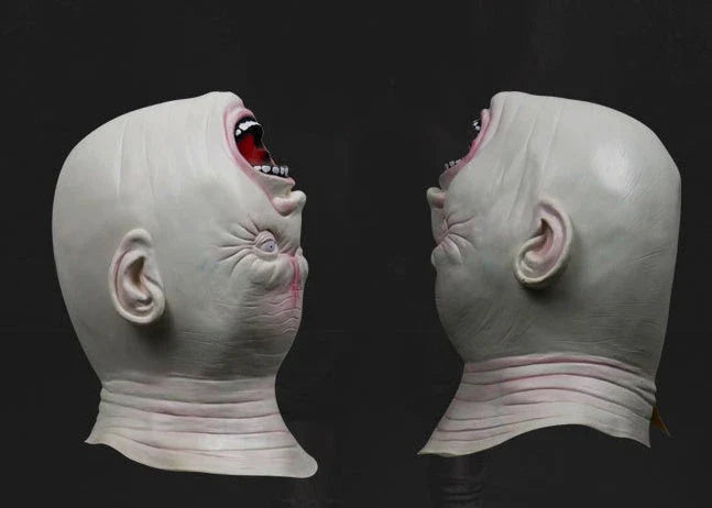 Inverted demon head mask made from eco-friendly latex with a unique, fashionable design