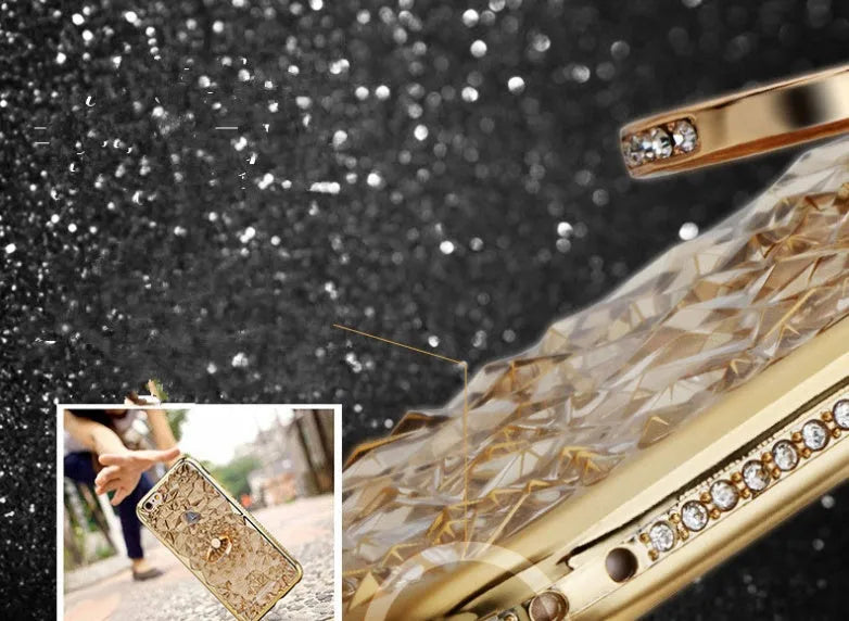 Gold TPU phone case with diamond ring plating for iPhone XS Max on white background