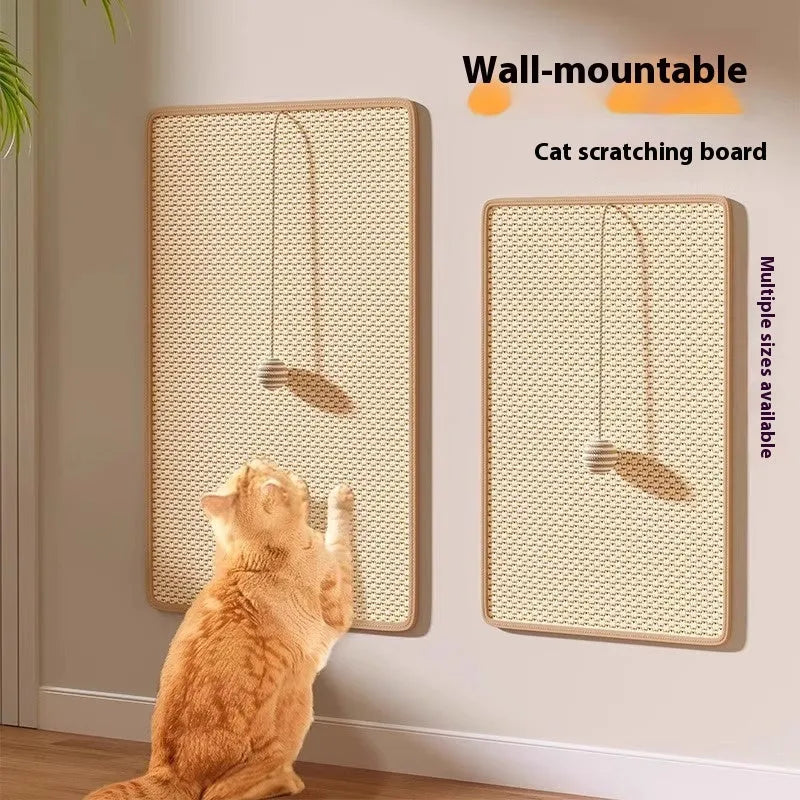 Linen cat scratch board in beige colour with hanging ball, 30x60cm size on a pet bed