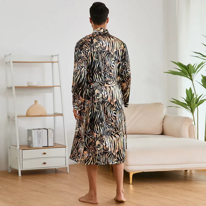 Men's tiger patterned bathrobe set with long sleeves and matching shorts on hanger