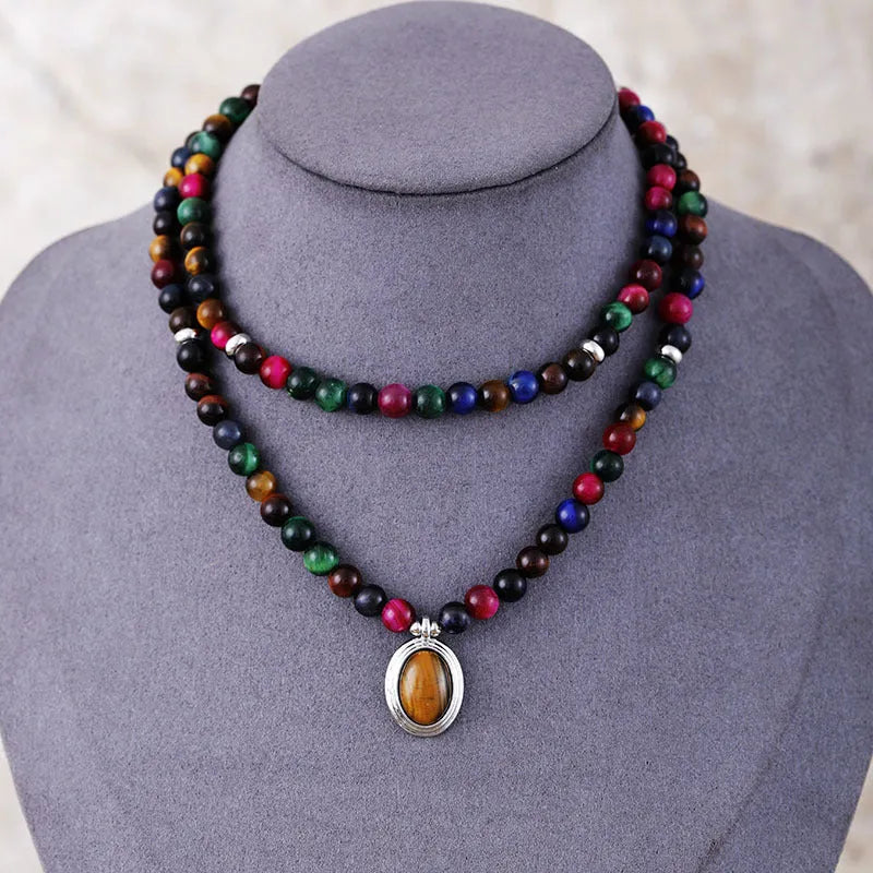 Colour tiger-eye bead necklace with crown, wing, infinite and heart pendants on adjustable chain