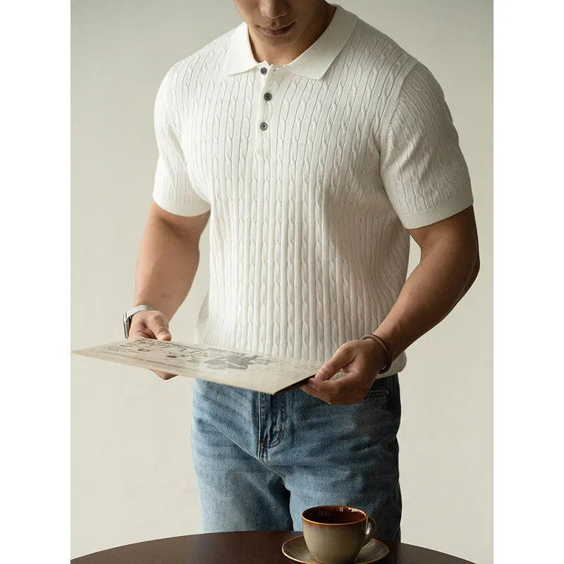 Men's khaki short sleeve business top laid flat, showing collar and sleeve detail.