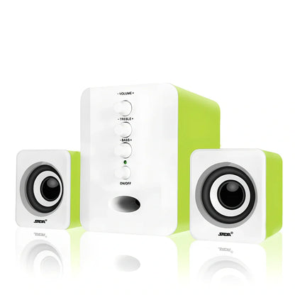 Black compact USB computer speakers set with main unit, two satellites, 1m cables, and 3.5mm port for 3W stereo audio