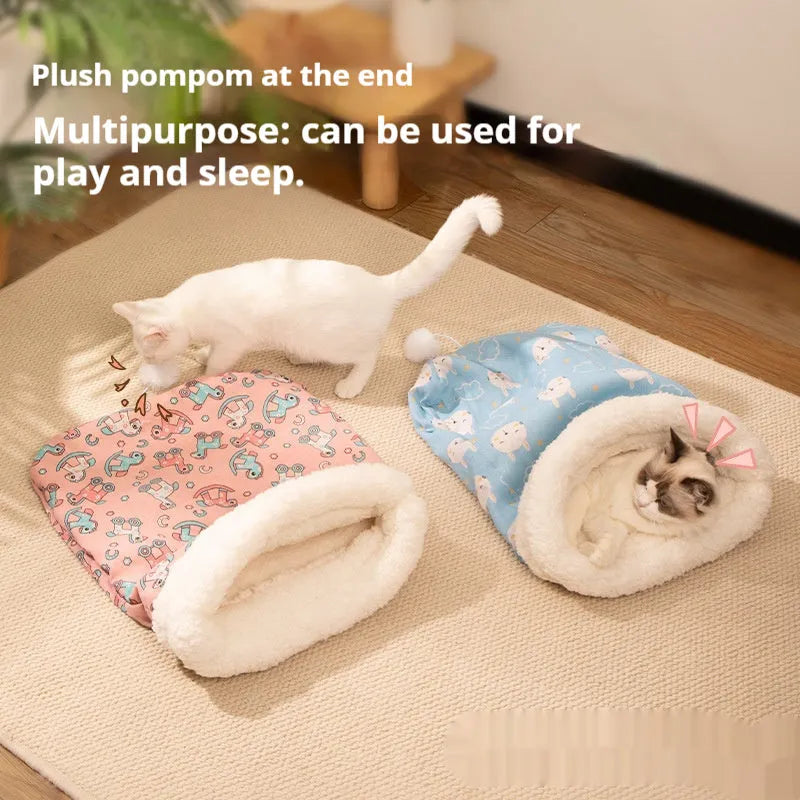 Blue rabbit design flannel cat sleeping bag nest measuring 50 by 40 centimetres.