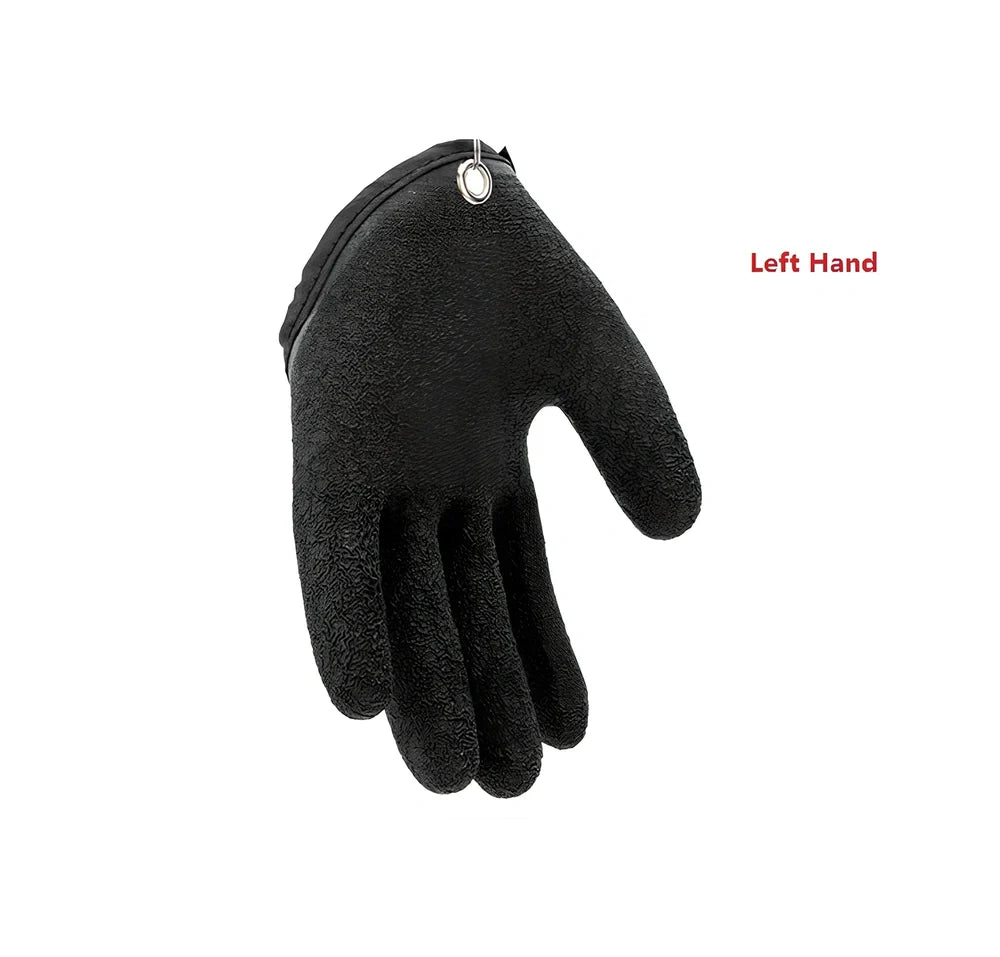 Purple anti-slip fishing gloves with latex coating and magnetic clip for puncture protection in left or right hand, 25cm length