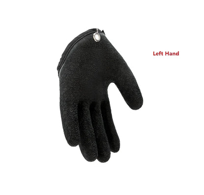 Purple anti-slip fishing gloves with latex coating and magnetic clip for puncture protection in left or right hand, 25cm length