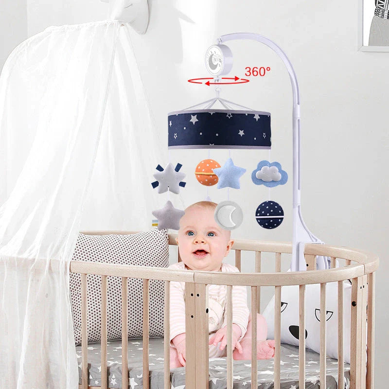 Baby crib mobile with rotating music star and soft pendants for infant development