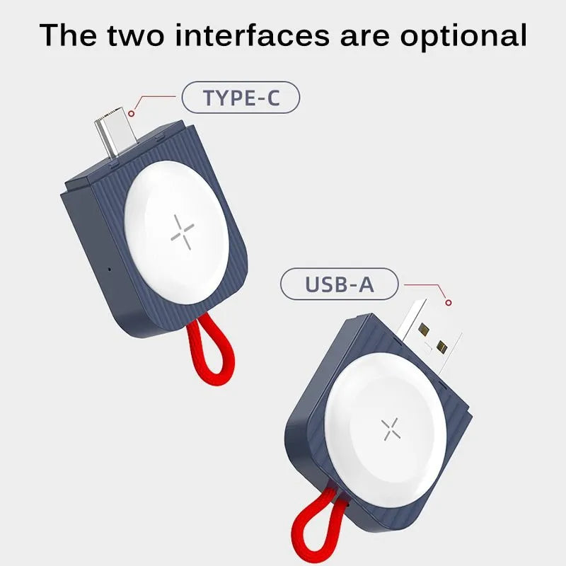 White magnetic wireless charger for Apple Watch with Type-C and USB-A interfaces on a desk