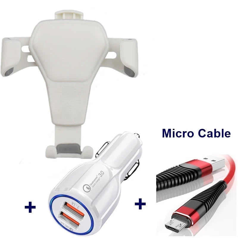 Leather grain gravity mobile phone car holder in black and white, secure and stylish design