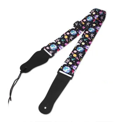 Printed cloth guitar shoulder strap showing multiple pattern design options