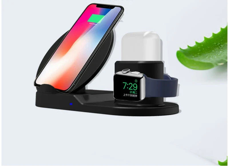 Premium 3-in-1 wireless charging station for Apple devices, including iPhone, AirPods, and Apple Watch, with fast-charging capabilities, safety features, and comprehensive compatibility.