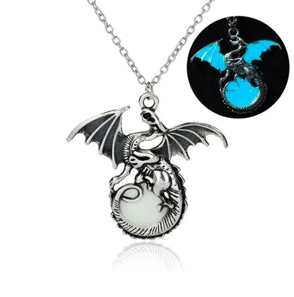 Glowing Vintage Flying Dragon Necklace with luminous pendant in ancient bronze and silver plating options