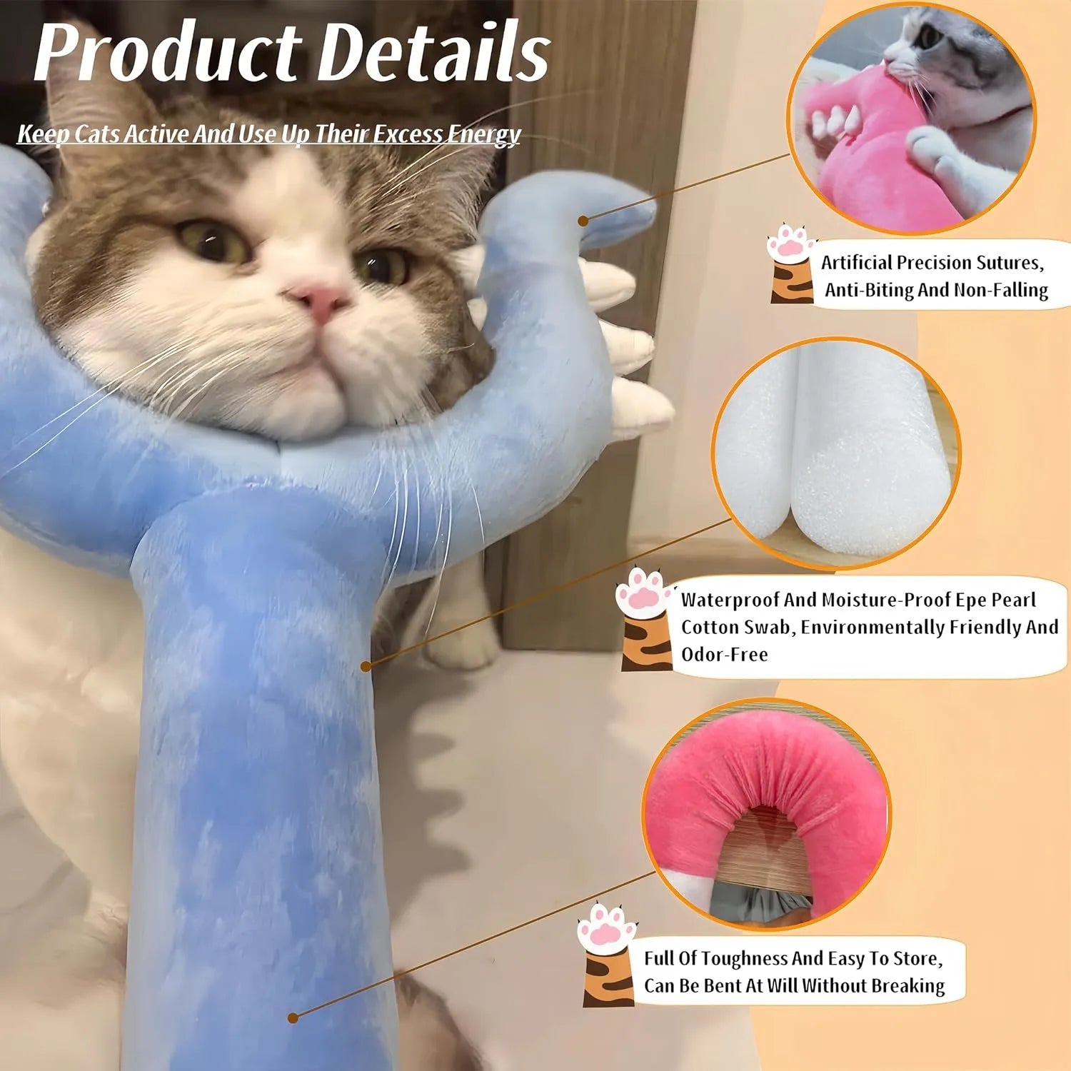 Blue plush cat wand toy with foam filling measuring 70cm length for indoor cat play